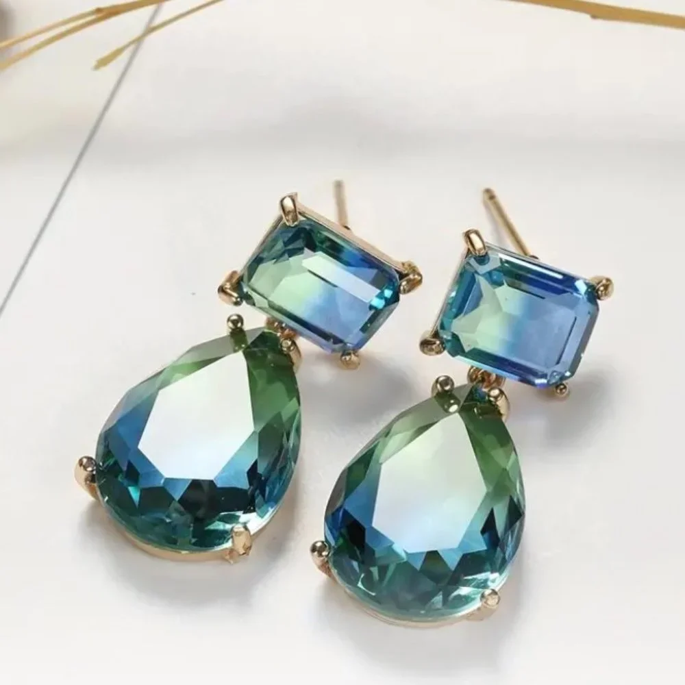 Green Blue Gradient Crystal Waterdrop Dangle Earrings Elegant Statement Jewelry - Picture 8 of 11